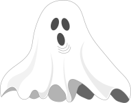 cartoon drawing of a ghost (a white sheet with holes cut out for eyes and mouth)