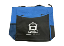 Blue tote bag with Lockport Public Library logo and name written in white on the black front pocket