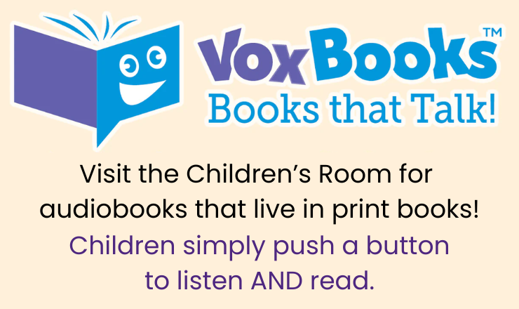 Vox Books, books that talk! Children simply push a button and listen and read. Image of a blue and purple book with a face on the cover.
